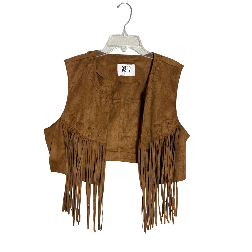 Vero Moda Brown Faux Suede Fringe Vest Cropped Whipstitch Western Boho Large